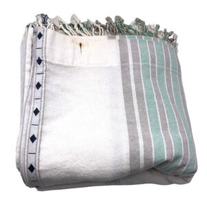 Threshold Shower Curtain Fabric White Gray Blue / Green Stripe Diamond Fringe